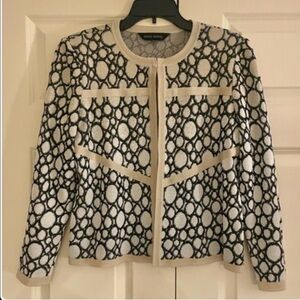 Ming Wang Open Front Cardigan Jacket Knit Ladies PL White Beige Black Circles